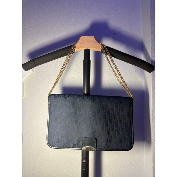 Dior Handbags - COA-included - Vintage Christian Dior Navy Trotter monogram canvas envelope bag